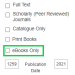 Screen capture of the filters found on the Library's Quick Topic Search. The "eBooks Only" filter is highlighted.