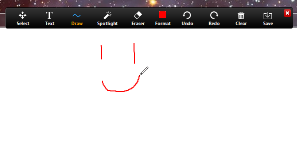A line of controls reading, from left to right, Select, Text, Draw, Spotlight, Eraser, Format, Undo, Redo, Clear, and Save, with a red X box to close the controls. Below the control bar someone has drawn a smiley face in red.