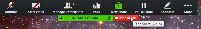 A control bar reading, from left to right, Unmute, Start Video, Manage Participants, Polls, New Share, Pause Share, Annotate, and More. Below is a green bar containing the meeting ID, and to the right of that is a red button reading "Stop Share."