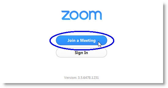 The Zoom "Join a Meeting" window, with two buttons: "Join a Meeting" and "Sign In."