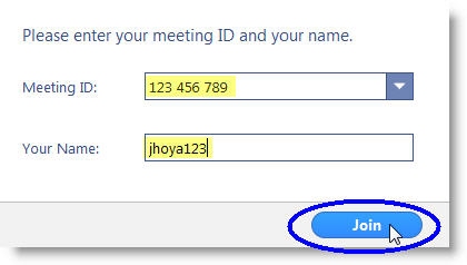 Zoom window reading "Please enter your meeting ID and name," followed by two text entry fields, "Meeting ID" and "Your Name." Below is a button reading Join.