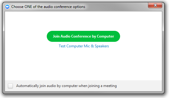 A window headed "Choose ONE of the audio conference options." A green button reading "Join Audio Conference by Computer," followed by a link reading "Test Computer Mic & Speakers." At the bottom, a checkbox with the text "Automatically join audio by computer when joining a meeting."