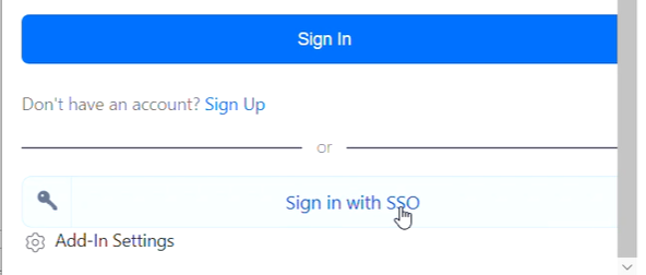 The bottom of the "log in to Zoom" in the Outlook Zoom plugin, showing the arrow pointing at the "Sign in with SSO" button.