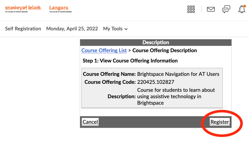 Brightspace course description with register button circled in red
