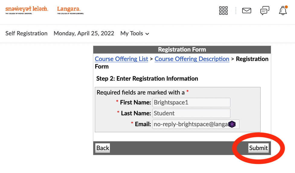 Brightspace registration form with submit button circled in red