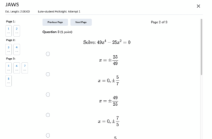 Brightspace quiz tool showing a math question