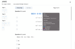 Brightspace quiz tool showing another math question, showing the mathjax engine not working