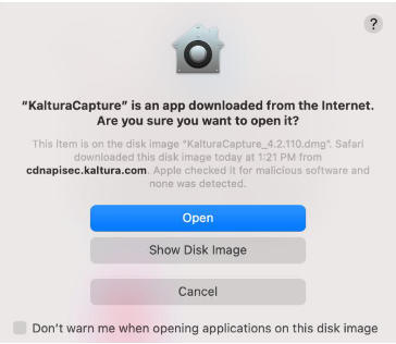 a Mac dialog prompt asking if you want to open the downloaded file