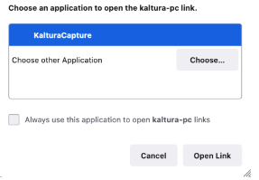 the "choose an application" prompt with Kaltura Capture suggested