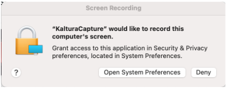 a screen recording permission prompt; at the bottom is a button that reads "open system preferences"