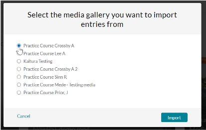 a list of courses from which to import the Media Gallery