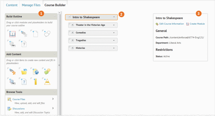 The three sections of the Course Builder Interface