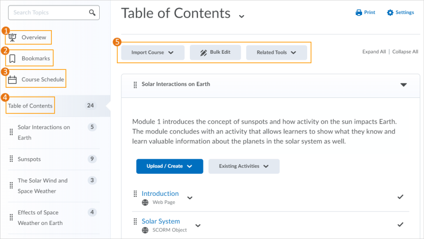 An overview of the course content tool in Brightspace
