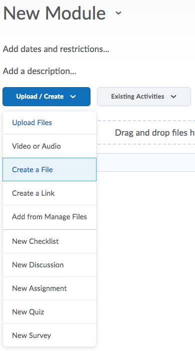 the upload/create menu with Create a File selected