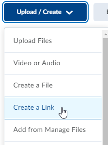 screencap of the Upload/Create menu, with the Create a Link option selected