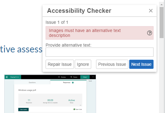The Accessibility Checker flags missing alternative text with the message Images must have an alternative text description