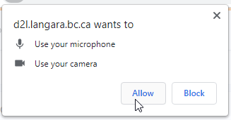 A browser pop-up asking for permission for d2l.langara.bc.ca to use your microphone and your camera; the pointer is hovering over the Allow button.