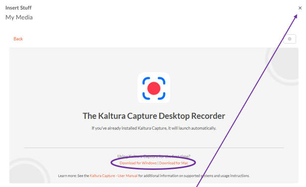 Screenshot of the installation page for Kaltura Capture with two options highlighted (Download for Windows and Download for Mac).