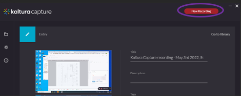 Screenshot of the Kaltura Capture software interface with 'New Recording' highlighted at the top right of the window.