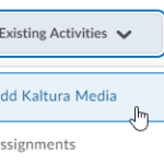 The Existing Activities menu in Content, with Add Kaltura Media selected