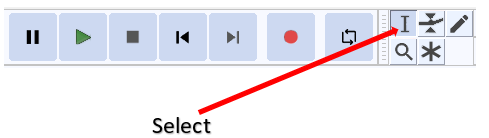 The Audacity controls with an arrow pointing to the Selection tool.