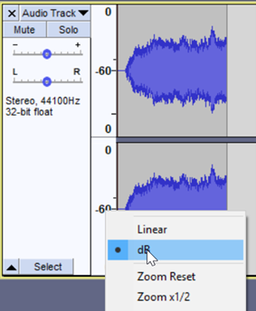 screencap of the left edge of an Audacity track, with a context menu open; the pointer is over "dB"