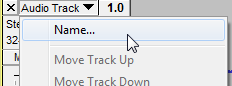 screencap of the context menu of an Audacity audio track; the pointer is over the Name option