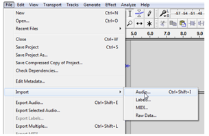 Audacity with the File menu open, showing File > Import > Audio