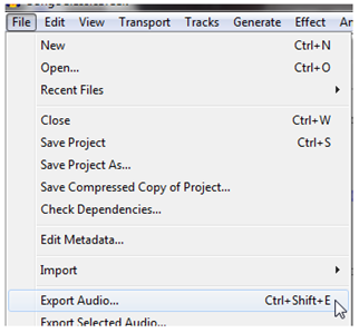 the Audacity File menu open, with the pointer over Export Audio