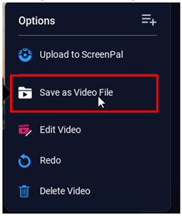 the Options menu with a red box around Save as Video File