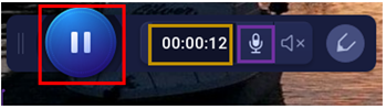 the recording controls during a pause, with a red box around the pause button, a yellow box around the time counter, and a purple box around the microphone icon that indicates volume