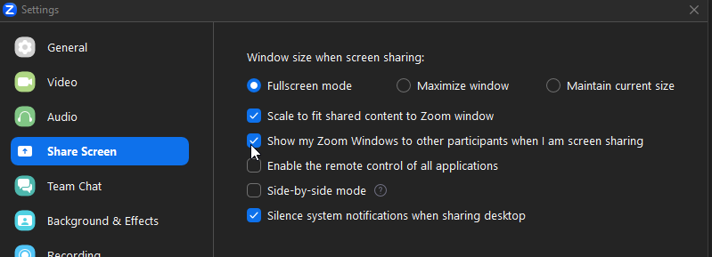 the Share Screen section of Zoom app settings; the pointer is hovering over a checked box labelled "Show my Zoom windows to other participants when I am screen sharing"