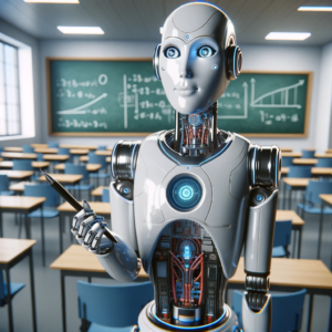 AI generated image of a humanoid robot teacher with a pointer in a classroom, standing in front of a blackboard with equations