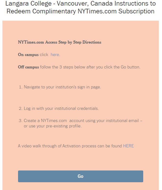 NYT login screen showing steps to take if you are on or off campus
