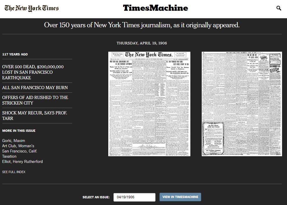 Screenshot of the NYT TimesMachine website showing two newspaper pages from April 19, 1906