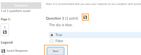 The old Brightspace quiz question interface, with Save button and disk icon (showing that the question is saved).