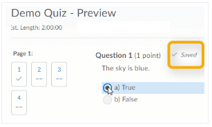 The new Brightspace quiz question interface, without Save button, with the "Saving/Saved" message highlighted 