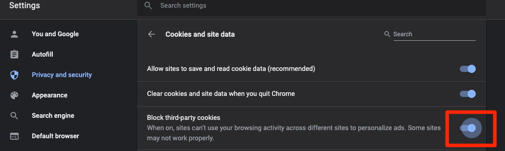 A screencap showing the "block third-party cookies" option