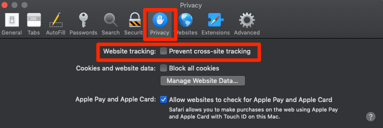 A screencap of the Safari Privacy settings window
