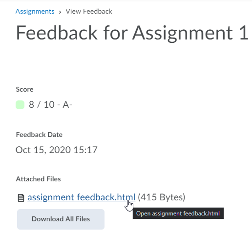 Assignment feedback, with the pointer over the html file link