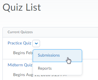 the list of quizzes with a quiz's context menu open
