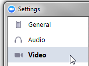 The upper left corner of a window headed "Settings," with three options: General, Audio and Video. Video is selected.