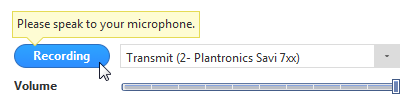 A blue button reading "Recording," with a yellow context box reading "Please speak to your microphone." The arrow cursor is on the button. To the right, a closed dropdown menu listing the computer's default microphone, and below that, a sliding scrubber that controls the volume. Below that, a checkbox with the text "Automatically adjust microphone."