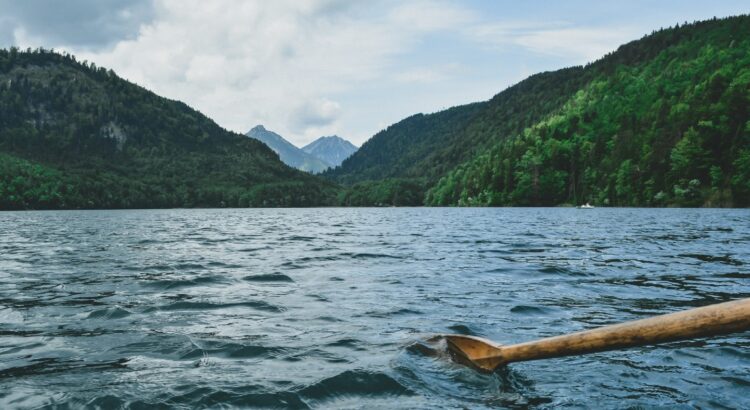 A paddle dipping into a lake. In the background there are forest-covered mountains and the open sky.