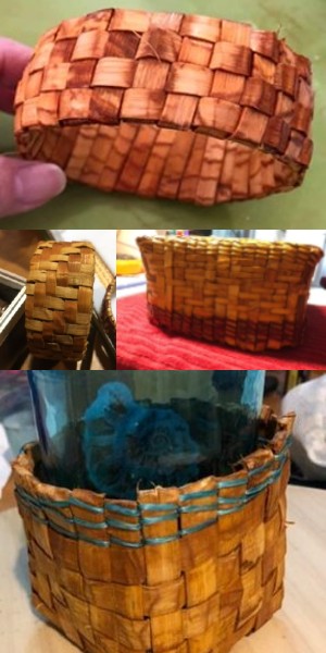 A collage of images featuring bracelet and basket weaving from Rita Point Kompst's workshops