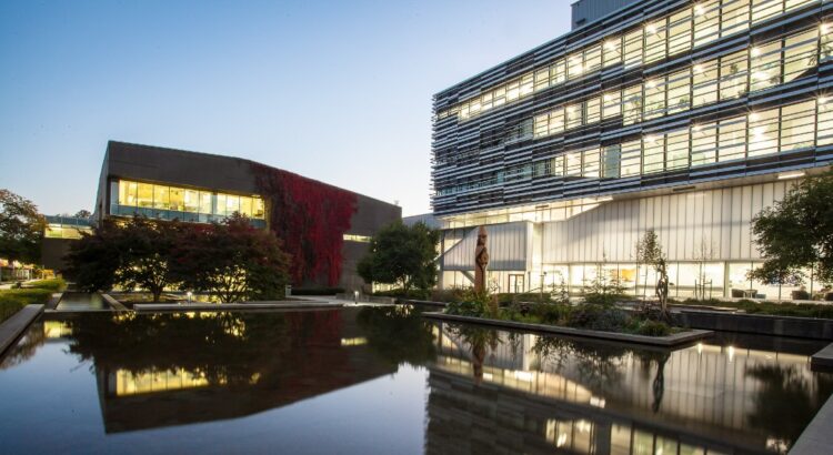 The Langara library and technology buildings at dusk.