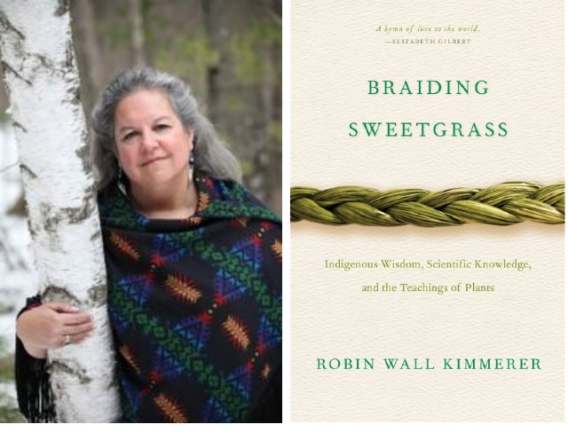 Author of Braiding Sweetgrass, Robin Wall Kimmerer, alongside an image of her book.