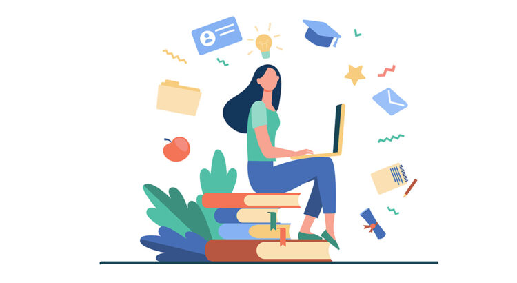 Illustration of someone sitting on top of a pile of books. Surrounding them are educational icons such as an apple, a folder, a student ID, a graduation cap, and a diploma.