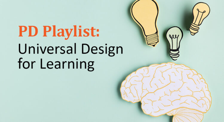 A cutout illustration of a human brain with three light bulbs above it. Text reads, PD Playlist: Universal Design for Learning.