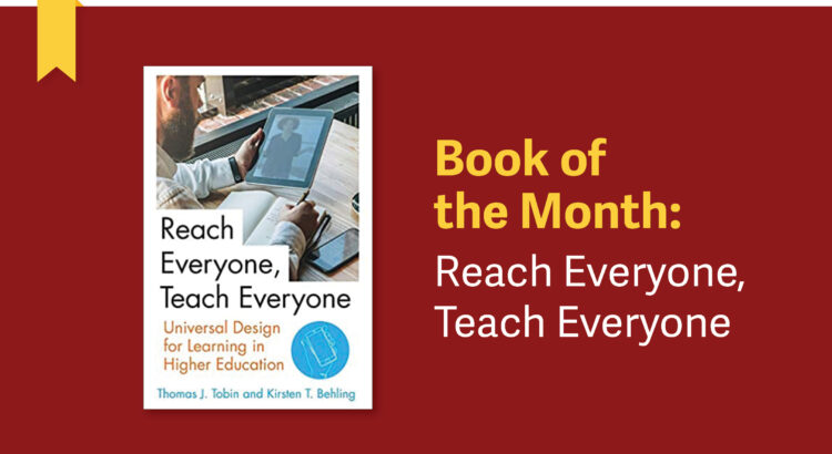 The book cover for Reach Everyone, Teach Everyone. The book is white with black and orange text and an image of a person looking at a tablet and writing in a notebook. The accompanying text reads "Book of the Month: Reach Everyone, Teach Everyone"